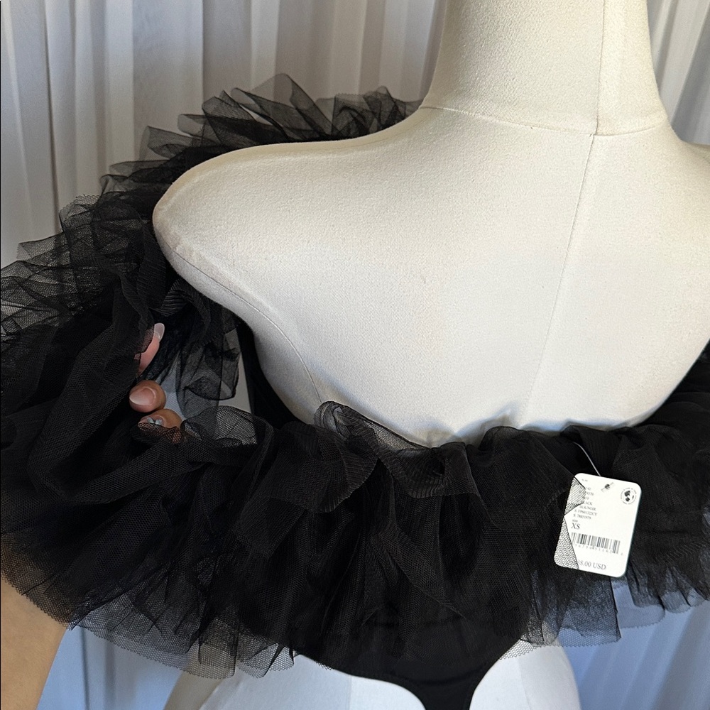 Free People Black Ruffled Off-Shoulder Tulle Bodysuit - Picture 5 of 8